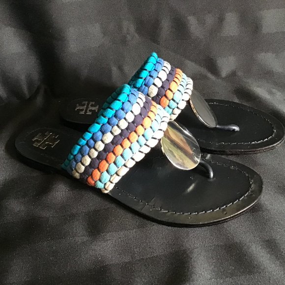 Tory Burch Women's Patos Sport Blue Silver Disk Thong Sandals Flip Flops Size 6 - Picture 1 of 8